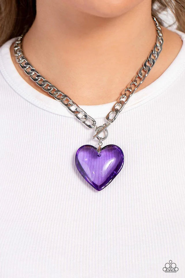 Heart Necklace Silver - Paparazzi GLASSY-Hero - Purple Heart Necklace Paparazzi jewelry image