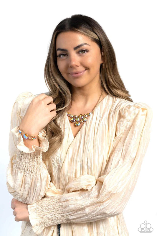 Paparazzi 2 Piece Jewelry Set - Round Royalty - Gold Necklace & Twinkling Trio - Gold Bracelet