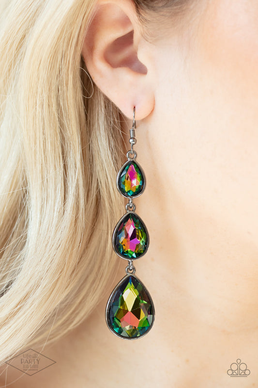 Paparazzi Jewelry Metro Momentum - Multi Teardrop Oil Spill Earrings Featuring sleek gunmetal frames, oil spill teardrop rhinestones. Earring attaches to a standard fishhook fitting. Sold as one pair of earrings. Free Shipping on orders over $75