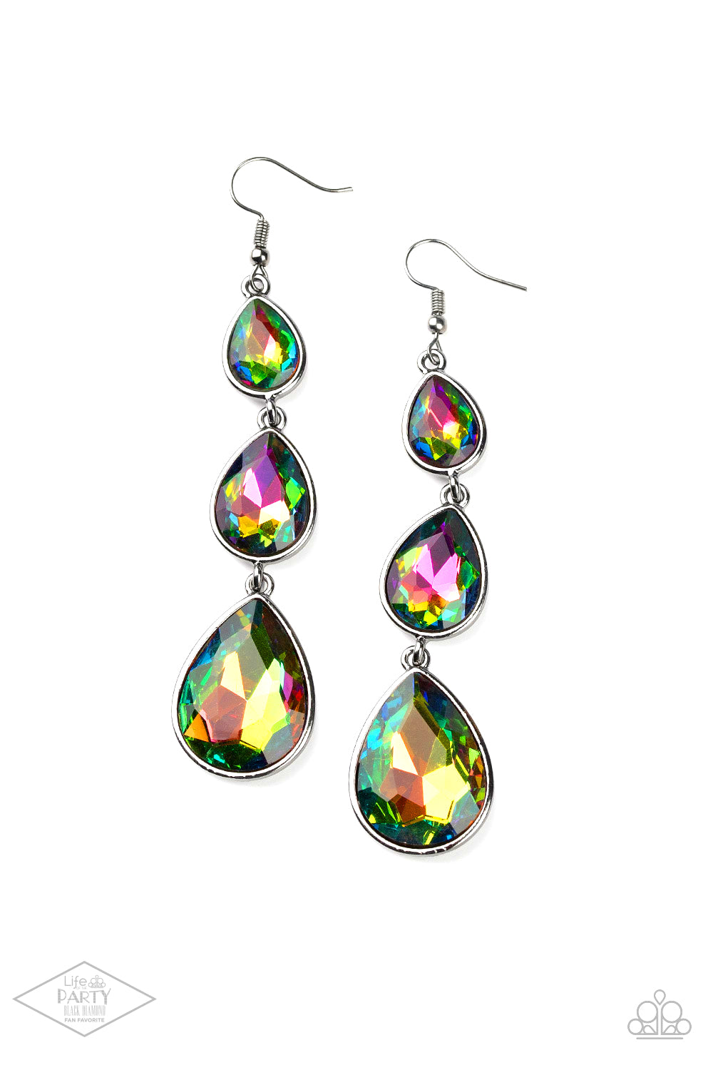 Paparazzi Jewelry Metro Momentum - Multi Teardrop Oil Spill Earrings Featuring sleek gunmetal frames, oil spill teardrop rhinestones. Earring attaches to a standard fishhook fitting. Sold as one pair of earrings. Free Shipping on orders over $75