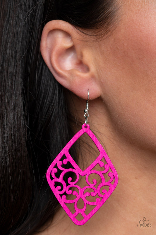 Paparazzi VINE For The Taking - Pink Wooden Earrings - A Finishing Touch 