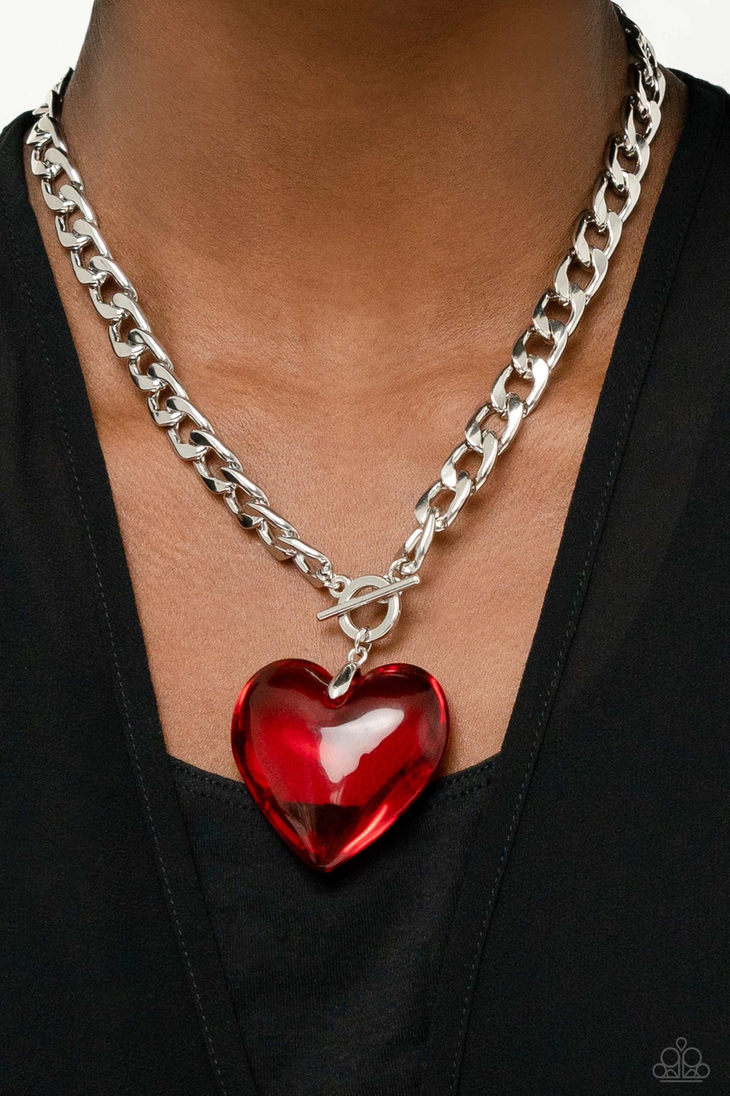 Paparazzi GLASSY-Hero - Red Heart Necklace- March 2023 Life of the Party Paparazzi jewelry image