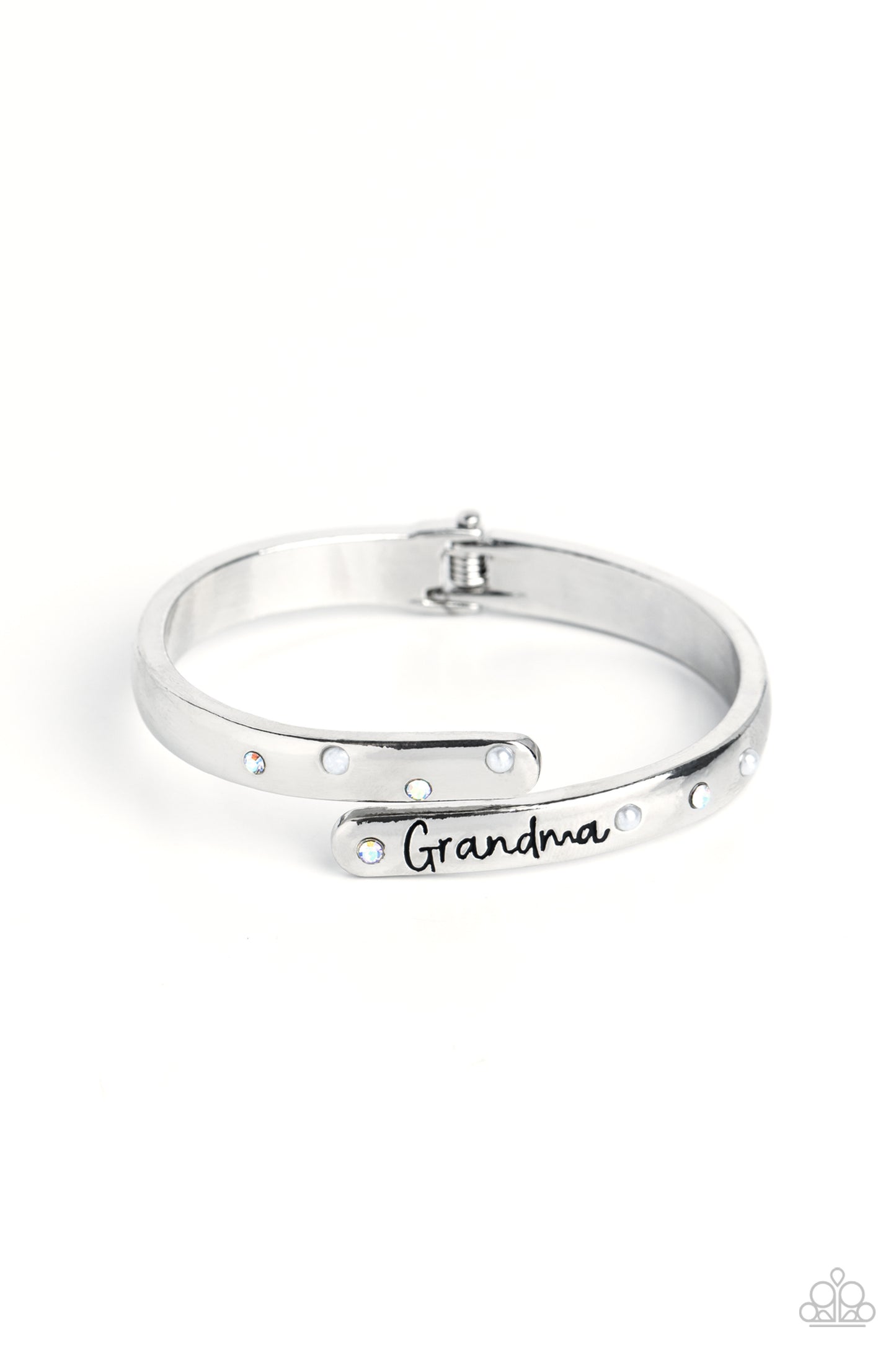 Silver Cuff Bracelet - Paparazzi Gorgeous Grandma - White Bracelet Paparazzi jewelry image