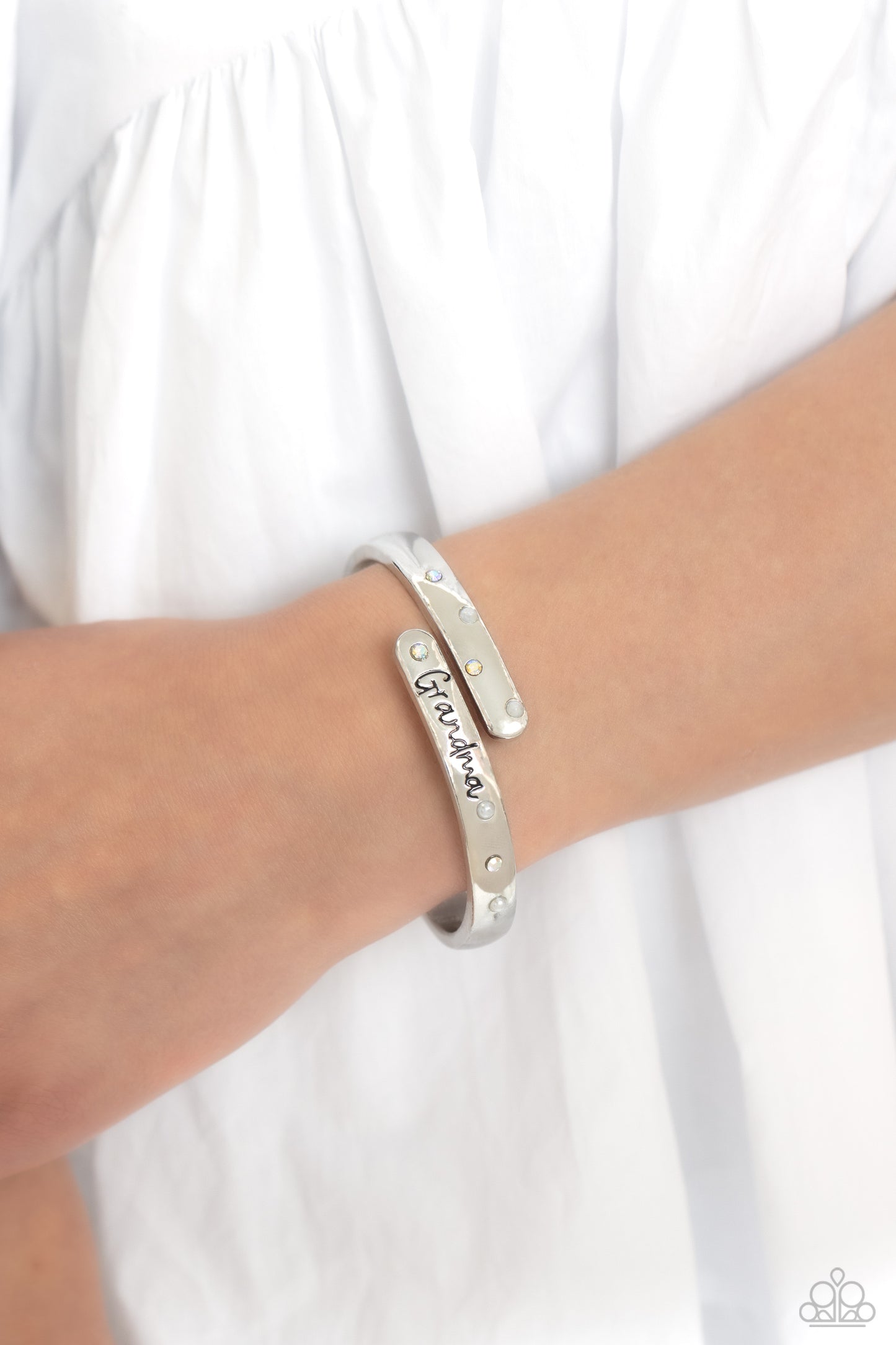 Silver Cuff Bracelet - Paparazzi Gorgeous Grandma - White Bracelet Paparazzi jewelry image